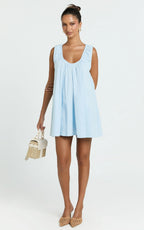 Lucinda Mini Dress - Deep U Gathered Neck Smock Dress in Pale Blue