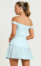 Izara Mini Dress - Off Shoulder Pleated Dress in Blue