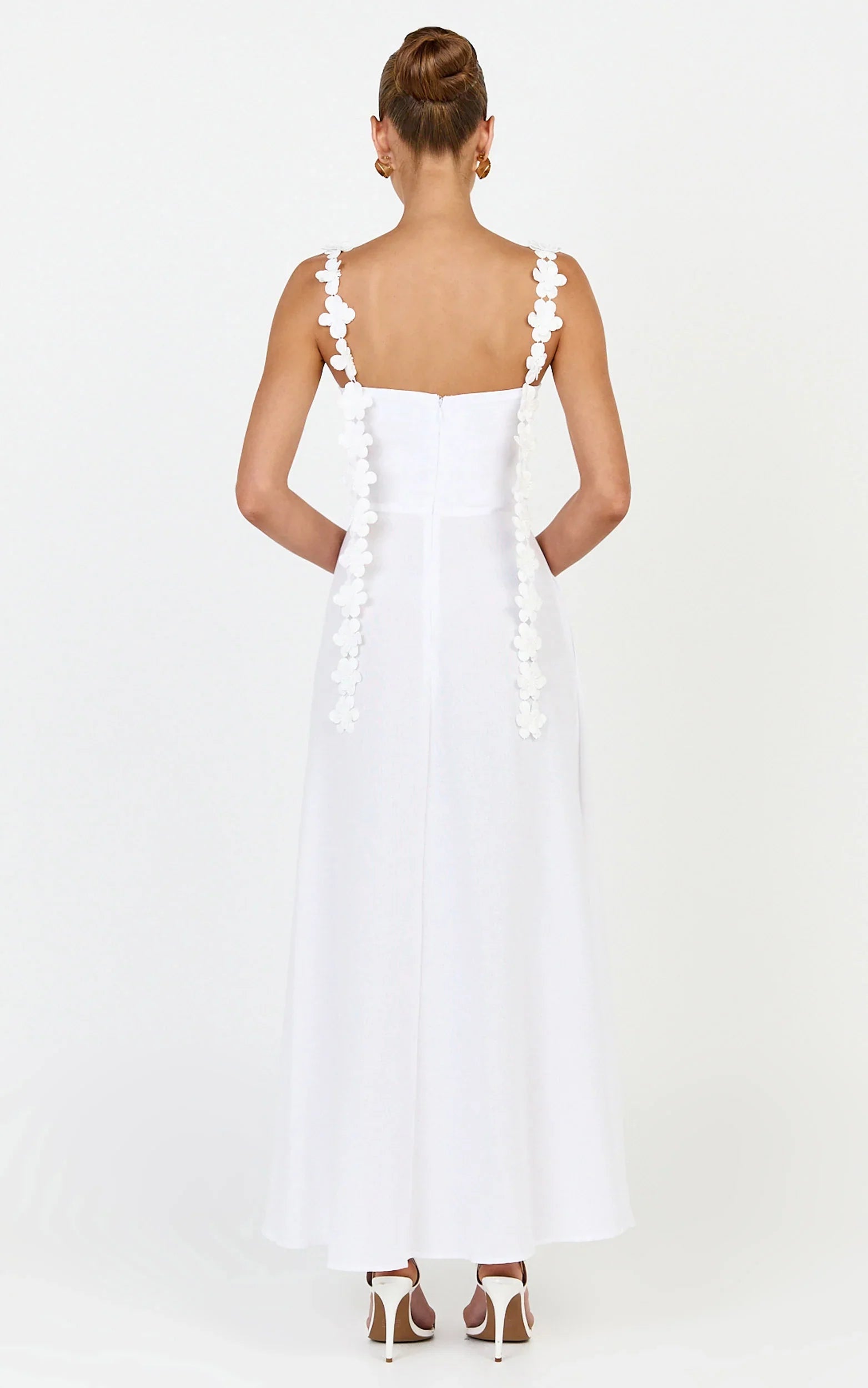 Clementine Midi Dress - 3D Floral Strap Dress in White