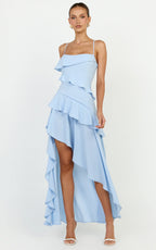 Arabella Maxi Dress - Tiered Ruffle Fit And Flare Dress in Blue