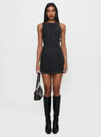 Chatter Buckle Side Denim Mini Dress Charcoal