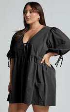 Rosita Mini Dress - Tie Front Puff Sleeve Dress in Black
