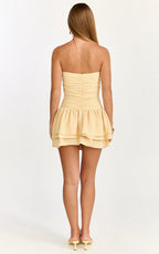 Millie Mini Dress - Strapless Gathered Frill Layered Fit And Flare Dress in Lemon