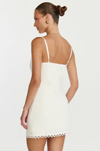 Loya Mini Dress - Scallop Lace Trim Mini Dress in Off White