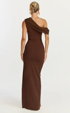 Helen Maxi Dress - One Shoulder Draped Fitted Dress in Chocolate