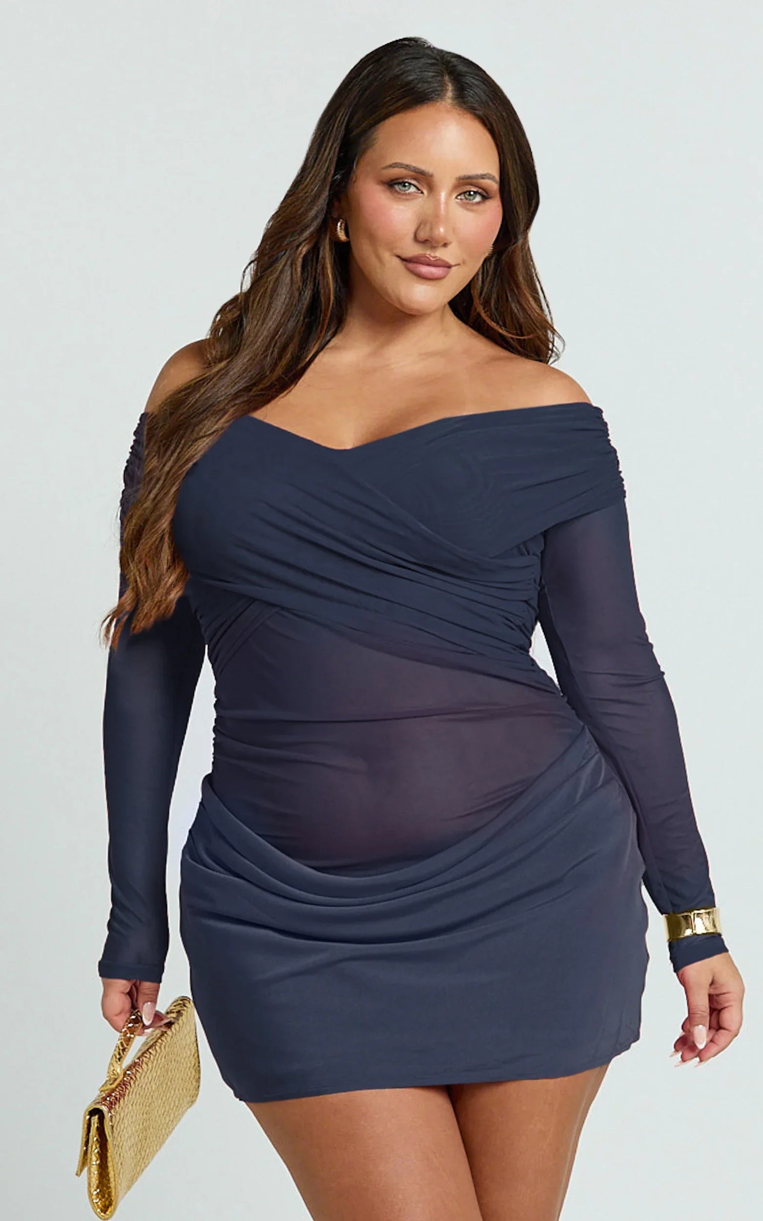 Jade Mini Dress - Long Sleeve Off Shoulder Draped Bias Cut Dress in Ink