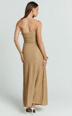 Santiago Midi Dress - Textured Jersey Strapless Twist Waist Dress in Beige