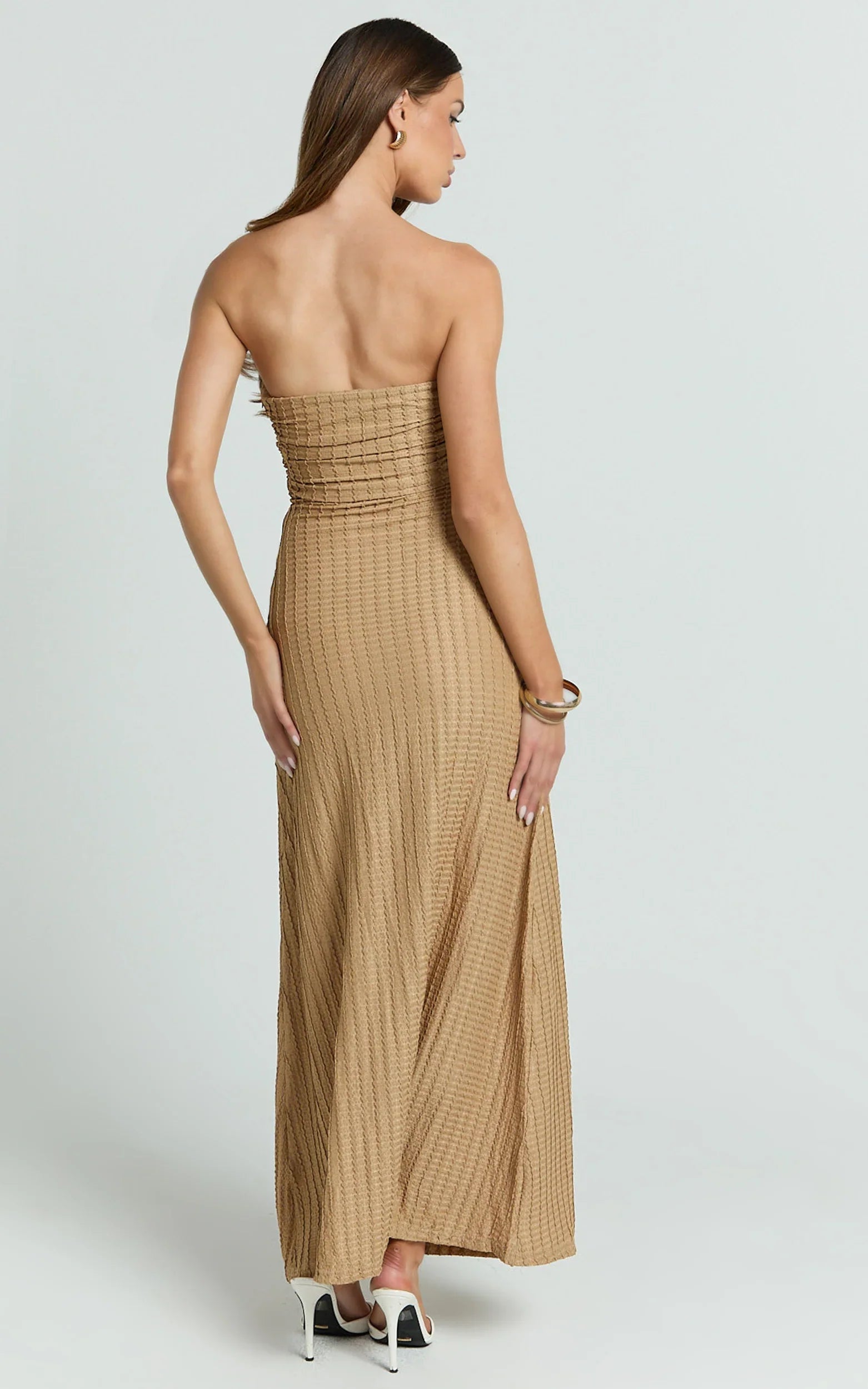 Santiago Midi Dress - Textured Jersey Strapless Twist Waist Dress in Beige