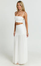 Rowan Two Piece Top and Skirt Set - Square Neck Crop Top and High Waist Pleated Maxi Skirt Set in Ivory