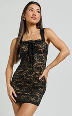 Corinna Mini Dress - Ruched Bust Wide Strap Detail Lace Dress in Black