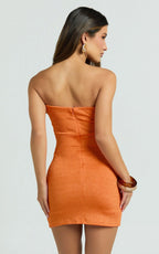 Halle Mini Dress - Strapless Fitted Jersey Hardware Trim Detail Dress in Orange