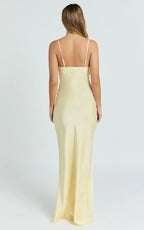 Liliane Maxi Dress - Lace Trim Bias Cut Dress in Lemon
