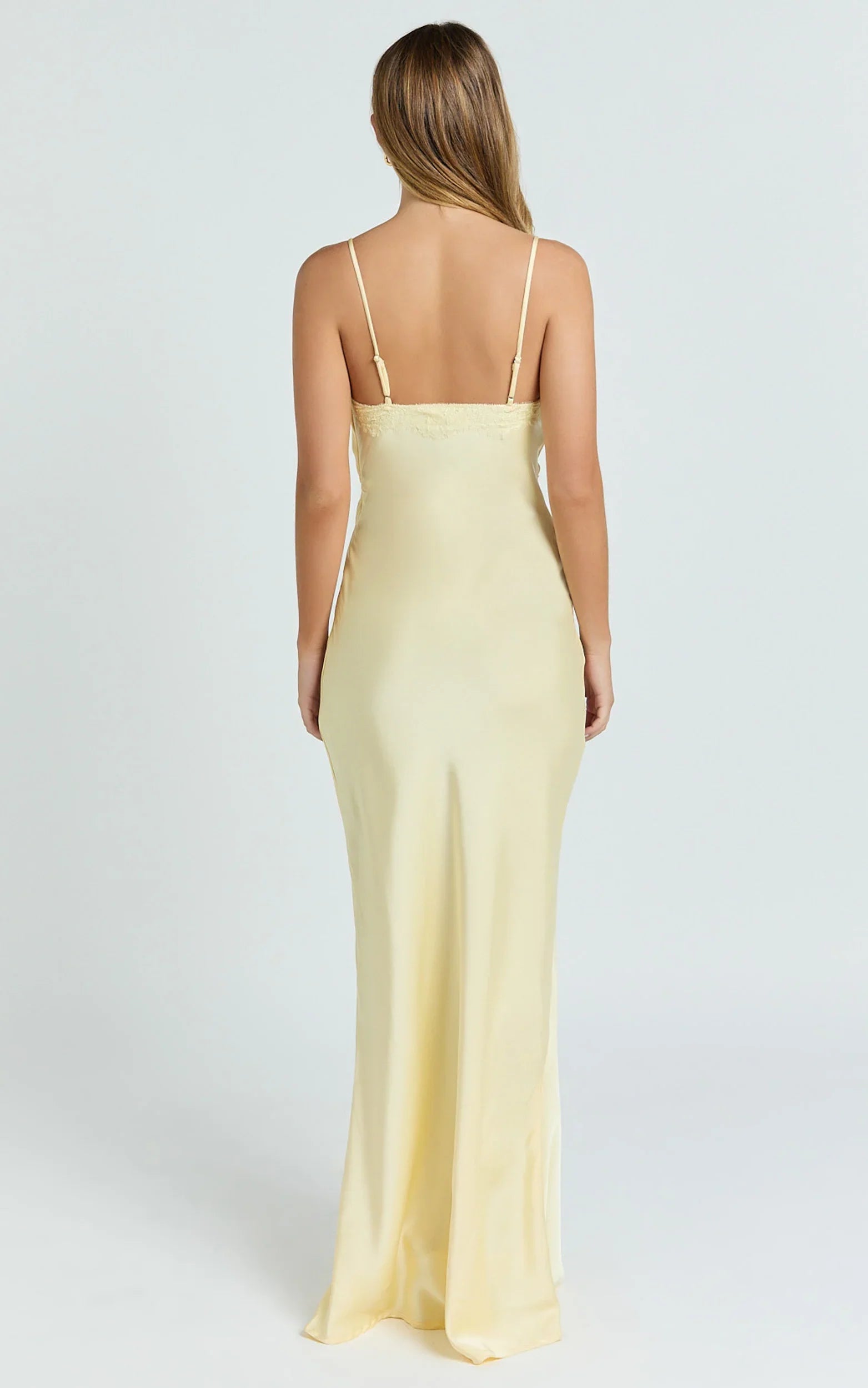 Liliane Maxi Dress - Lace Trim Bias Cut Dress in Lemon