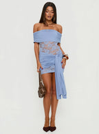Adelice Strapless Lace Mini Dress Dusty Blue