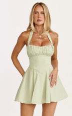 Vionette Mini Dress - Halter Neck Ruched Bust Corset Dress in Sage