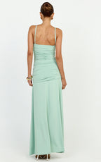 Nerissa Maxi Dress - Crochet Floral Embellished Bodice Drop Tie Waist Dress in Sage