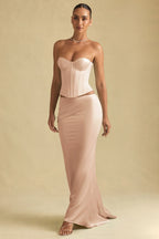 Draped Low-Rise Maxi Skirt in Beige Gold