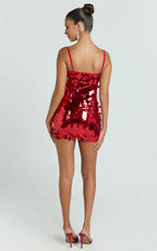 Wilfreda Mini Dress - Sequin Square Neck Bodycon Dress in Red