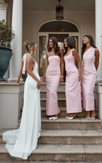 Benita Midi Dress - Scoop Neck Ruched Fitted Dress in Pink