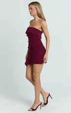Veronica Mini Dress - Strapless Collared Tailored Bodycon Dress in Wine