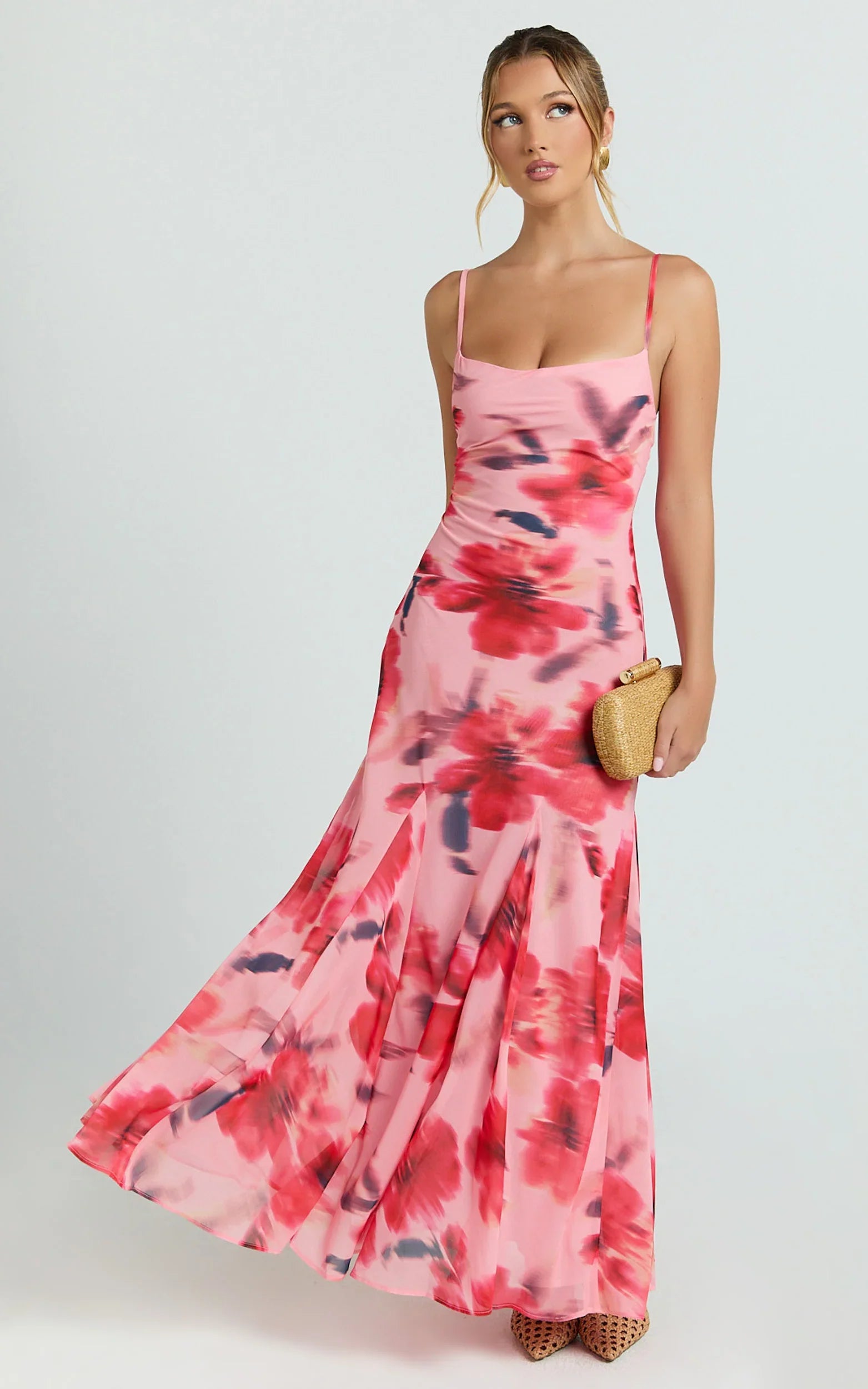 Claudia Maxi Dress - Floral Cowl Neck Godet Dress in Pink Floral