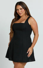 Adiana Mini Dress - Linen Square Neck Shirred Back A Line Dress in Black