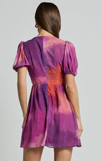 Kennedy Mini Dress - Recycled Polyester V Neck Puff Sleeve Dress in Coral Mirage Print