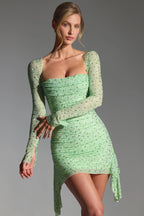 Embellished Draped Cowl-Neck Mini Dress in Pistachio