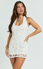 Adessa Mini Dress - Halter Neck Fitted Crochet Dress in White