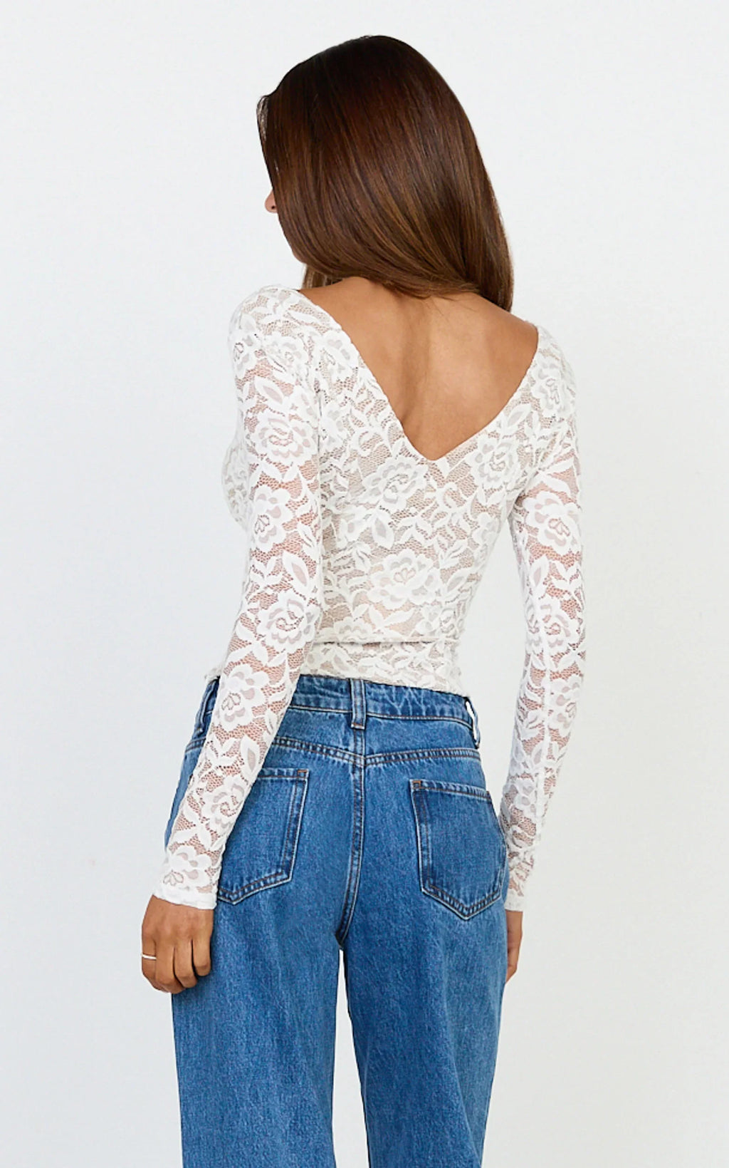 Marlowe Top - V neck Long Sleeve Lace Top in White