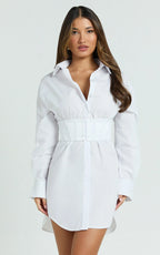 Athena Mini Dress - Collared Button Front Corset Waist Workwear Shirt Dress in White in White