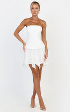 Selani Mini Dress - Strapless Bodice Ruffle Hem Dress in White