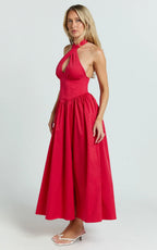 Belle Midi Dress - Keyhole Halter With V Yoke Dress in Red