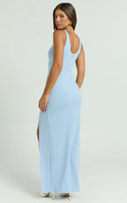 Indi Maxi Dress - Boat Neck Bodycon Dress in Light Blue
