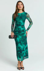 Zyra Midi Dress - High Neck Long Sleeve Mesh Dress in Green Blurred Print