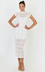 Emma Midi Dress - Lace Cap Sleeve Bodycon Dress in White