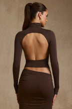 Modal Ruched Backless Turtleneck Top in Chocolate Brown