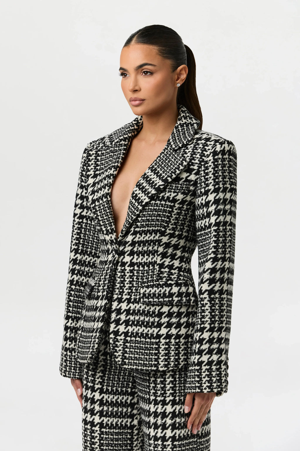 Houndstooth Plaid Wide-Leg Pants