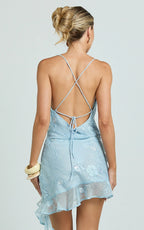 Nelly Mini Dress - Sequin Cowl Neck Spaghetti Draped Frilled Dress in Blue