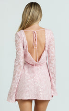 Terri Mini Dress - Long Sleeve Cowl Back Neck Dress in Pale Pink