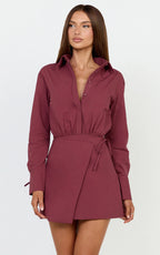 Heath Mini Dress - Collared Button Up Shirt Dress in Wine