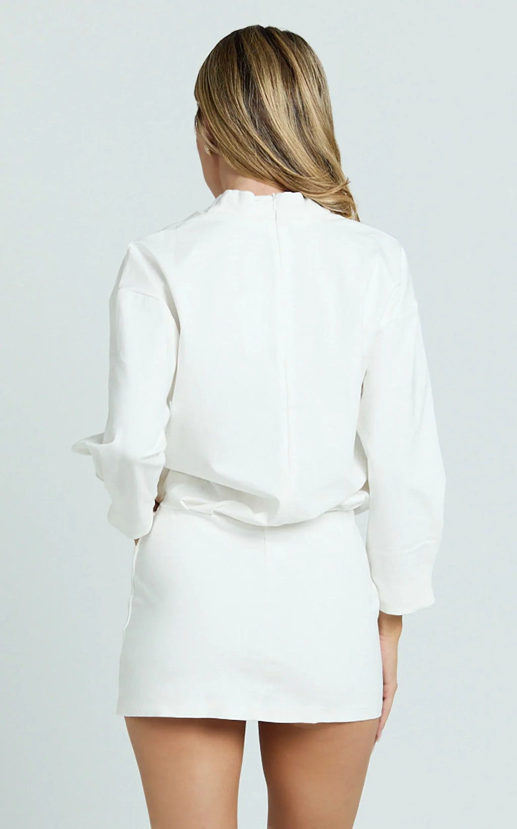 Tonya Mini Dress - High Neck Drop Shoulder Tulip Sleeve Top in White