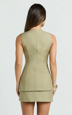 Phyllis Two Piece Set - Tailored Scoop Neck Vest Top and A Line Mini Skirt Set with Gold Buttons in Sage