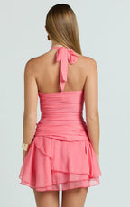 Deanna Mini Dress - Crinkle Halter Neck Asymmetric Tiered Dress in Coral