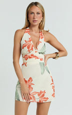 Sybil Mini Dress - Plunge Halter Low Back A Line Dress in Vintage Orchid