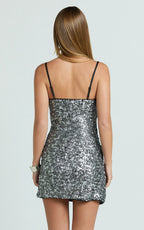 Lily Mini Dress - Sequin Square Neck Shift Dress in Black