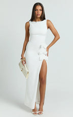 Blake Maxi Dress - Boat Neck Bow Bodycon Dress in White