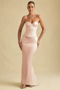 Draped Low-Rise Maxi Skirt in Beige Gold