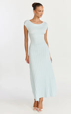 Jadey Midi Dress - Cap Sleeve Pleated Dress in Pale Blue