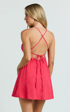 Zora Mini Dress - V Neck Bow Front Baby Doll Mini Dress in Red